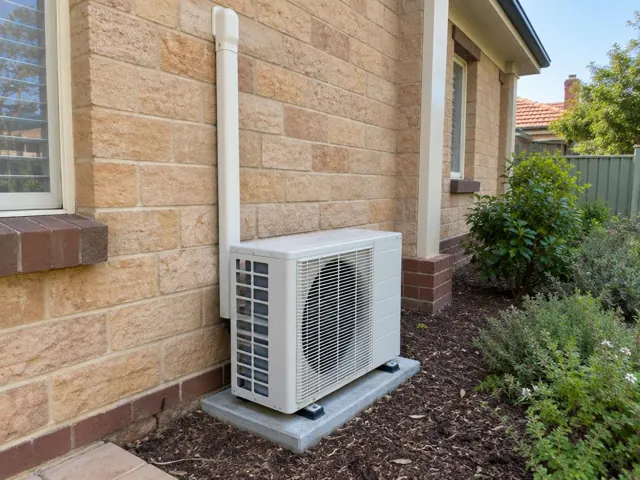 Outdoor air conditioning unit on a concrete pad beside a brick house wall in Adelaide